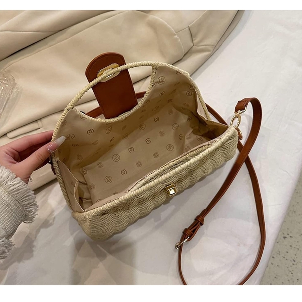 Straw Woven Handle Crossbody Bag with Tan Trim - Picture 4 of 7